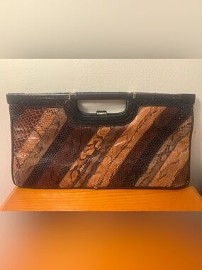Vintage Snakeskin Pattern Box Clutch in Brown & Tan